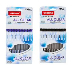UNOMAX ALL CLEAR Liquid Ballpoint Pen - Card Pack of 10 - Blue or Black